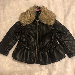 Black Peplum Jacket with Faux Fur Lapel